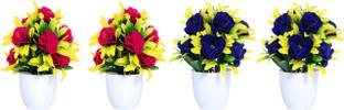 NERAPI Artificial Pink & Blue Rose Flowers (Pack of 4) Pink, Blue Rose Artificial Flower  with Pot
