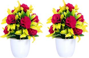 mogal Mogal11 Artificial Plant with Pot(Pink Rose Pack of 2, 7inch) Bonsai Wild Artificial Plant  with Pot