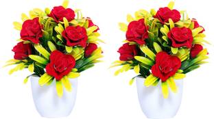 NERAPI Red, Yellow Rose Artificial Flower  with Pot