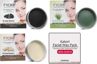 FYORR Facial Katori Peel-Off Wax Combo of 3 White Chocolate, Aloe Vera & Charcoal - each Wax