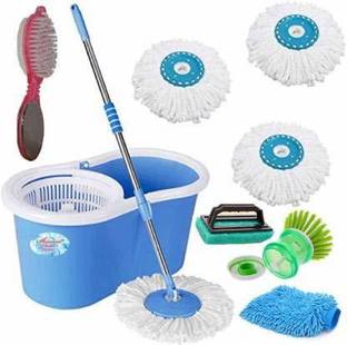 Shivonic Magic Dry Bucket Mop with 3 Refill 1 Tile Brush 1 Foot Brush 1 CAR Gloves 1 Sink Brush Mop Set, Mop Refill, Duster