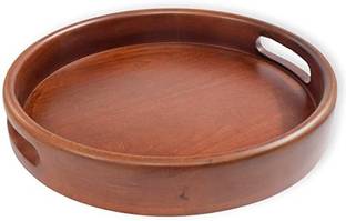 CRAFTSCART Handcrafted Premium Mahogany Finish Round Wooden Serving Tray (12x12") Tray