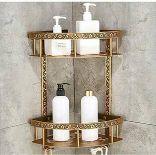 Plantex Antique Wall Mount Aluminium Double Tier Corner/Bathroom/Kitchen Shelf (Brass) Aluminium Wall Shelf