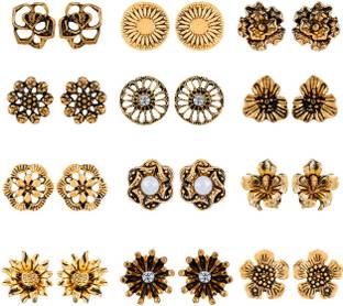 SILVER SHINE Party Wear Golden Studs Earring Girl Women Set of 12 Alloy Stud Earring