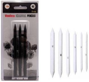 Definite Woodless Charcoal Pencil Hard Medium Soft (Pack of 3) and White Paper Art Blending Stumps or Tortillon (Pack of 6) for Students Professionals Artists Pencil (Black, White) Pencil