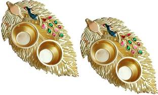 Luvkushcart Multicolor Attrective Diwali Copper Thali Diya Gold Plated (Pack of 2) Table Diya