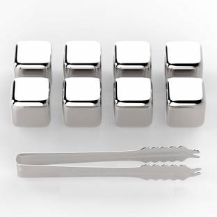 divinezon Stainless Steel Pack of 8 Reusable Ice Cubes with Tongs Whisky Rocks Silver Steel Ice Cube Tray