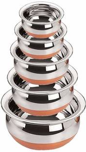 MAHAVIR Stainless Steel Copper Dinnerware Serving Handi Set of 5 (2.1 L, 1.6 L, 1.1 L, 0.8 L, 0.5 L) Cookware Set
