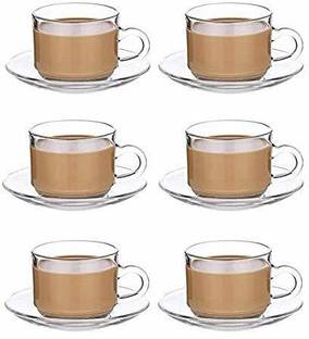 MOOZICO Pack of 12 Glass Glass Roma Glass Tea 6 Cup and 6 Saucer | Coffee Cup and Saucer Set Modern Design Clear | C Handle Cup
