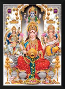 DWELLSINDIA Narayan, Laxmi, Ganesha and Saraswati Wood Framed Painting (Brown Frame) 12x16 Inches Acrylic 16 inch x 12 inch Painting