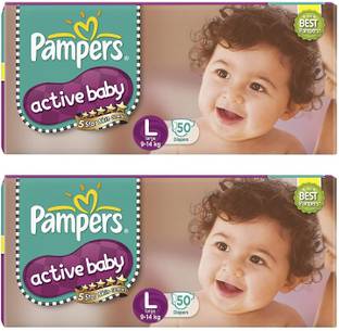 Pampers Active Baby Taped Diapers,L 50+50 Large size diapers, (LG) 50 - L