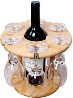 Connectwide Wine Glass Holder Bamboo Tabletop Wine Glass Drying Racks Camping for 6 Glass and 1 Wine Bottle 1 - Piece Bar Set