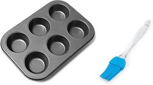noble foods 6 Cup Muffin Cake PAN/Tray Non-Stick Coating for Easy Cooking and Clean up Carbon Steel and 1 Silicon Basting Brush Kitchen Tool Set