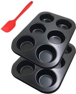 noble foods 6-Cup Metal Muffin Mold Bonus with Spatula, Sourceton 3 pcs Pack of Non-Stick Muffin Mold and Spatula Set, Baking Pan, Cupcake Pans, Oven, Microwave Oven Safe - Black Kitchen Tool Set