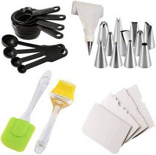 Biway Bakeware Combo Set of 8 pcs. Measuring Cup & Spoon, Spatula, Oil Brush, 4. Pcs Scraper white and Cake Nozzle Set Multicolor Kitchen Tool Set. [Multicolor] Kitchen Tool Set