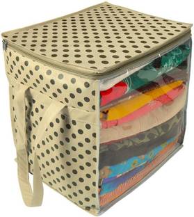 PrettyKrafts XL Saree Cover/sari organizer with handles and transparent front (15 * 12 * 15 In), Ivory Dots F1603_SC_XL_IvoryDots Large Sari Cover