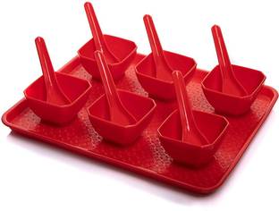 swift international 6 Piece Reusable Square Bowl Spoon and Tray Set, Perfect Serving Dish for Dips, Ice Cream| Snacks| and Candy Durable Hard Plastic| Includes 1 Tray 6 Bowls and 6 Spoons (Green) Tray, Bowl, Spoon Serving Set
