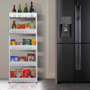 MECHON 5 Tier Kitchen Trolley, Easy-To-Move Slide Out Shelf Slim Rack White Plastic Kitchen Trolley