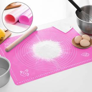 Drosselz Silicone Baking Mat Baking Mat Rolling Beige Kneading Dough Mat Kitchen Tool Set, Kitchen Roti Chapati Cake Cooking Dough Kneading Food-Grade Silicone Baking Mat, Rolling Mat Silicone Baking Mat Sheet Chapati Mat Atta Kneading Mat 50 x 40 cm, Pack Of 1 Rolling Pin & Board