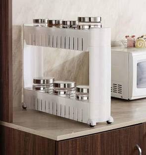 QUISTAL 2 Layer Storage Organizer Multipurpose Slim Rack | White 2 Tier Utility Shelf with Wheels for Kitchen, Bedroom, Bathroom Plastic Kitchen Trolley