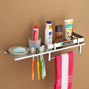 SMART SLIDE Stainless Steel 4 in 1 Multipurpose Bathroom Shelf – Soap Dish - Tumbler Holder – Toothbrush Holder – Towel Holder - Hanger - Towel Rod Bathroom Accessories (18 x 5 Inches) Stainless Steel Wall Shelf