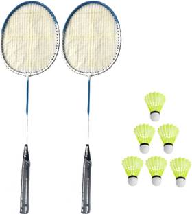 Monika Sports Practice Quality 2 Pc Single Shaft Racquet + 6 Pc Nylon Shuttle Badminton Kit
