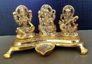 Anshika International White Metal Laxmi Ganesh Saraswati with Deepak Oil Lamp Diya/Metal Statue for Pooja Aluminium Table Diya