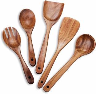 S.I Creation Wooden Kitchen Utensil Set 5 Cooking Utensils Spatula Spoons for Cooking Nonstick Cookware, 100% Handmade by Natural Teak Wood Kitchen Tool Set