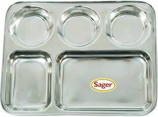 Sager Stainless Steel Lunch/Dinner Plate/Bhojan Thali 5 in 1 Compartments Set of 1 Dinner Plate