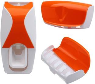 SSS Automatic Toothpaste Dispenser with 5 Toothbrush Holder Set ( Color:- Orange ) Plastic Toothbrush Holder