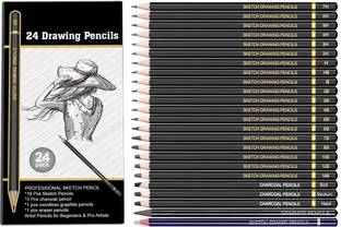 Definite Sketch Drawing Pencils- 14B, 12B, 10B, 8B, 7B, 6B, 5B, 4B, 3B, 2B, B, H, HB, 2H, 3H, 4H, 5H, 6H and 7H (19 Pencils); Charcoal Pencils - Hard, Medium and Soft (3 Pencils); 1 Woodless Graphite Pencil- 6B and 1 Sketch Eraser Pencil