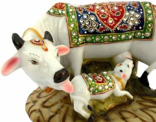 Kenware Handicraft Decorative Cow and Calf Big Statue, Kamdhenu, Marble dust, Poly-Resin,Spiritual Vastu Nandi Pooja Figurine Sculpture, Designer Stone Studded Gau MATA Animal Puja Idol Good Luck Gift (5X3X3 inch) Decorative Showpiece  -  7.6 cm