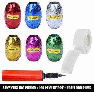 IKIS Curling Ribbon, Glue Dots And Hand Balloon Pump, 6 Pcs Curling Ribbon + 1 Pc Glue Dots + 1 Pc Hand Balloon Pump, Multicolour Multicolor PP (Polypropylene) Ribbon