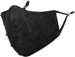 MASQ Anti-Pollution, Anti-Bacterial (BFE>99%) 4 Layer Embroidered, Designer, Fashionable & Protective Nylon Cloth Face Mask Combo for Women, Girls with Detachable Chain, Size Adjustable Ear Loops & Mask Bag Beaded_Black_Medium_01 Reusable, Washable Cloth Mask