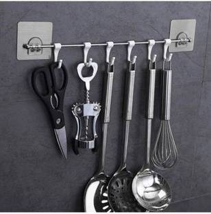 AD PLAST Self Adhesive Stainless Steel Multipurpose Kitchen Accessories Organizer Rack Stand Holder | Utensils Stand for Kitchen Steel Hanger Door Hanger