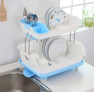 DDecora Dish Drainer Kitchen Rack Plastic Kitchen 2 Layer Sink Dish Plate Drainer Drying Rack Wash Organizer with Tray Utensil Holder Basket (BLUE)