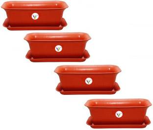 VINSHRA Window Rectangular Planter with Bottom Tray Set (20-inch, Red, Pack of 4 Sets) Potter Plant Container Set