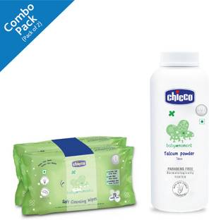 Chicco Baby Moments Soft Cleansing Baby Wipes, Sticker Pack (Pack of 2, 70 Sheets per Pack)and Baby Moments Talcum Powder,(150 g) ( Pack of 2)