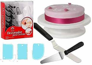 RAJJA Cake Combo of Cake Making Turn Table 7 inch 2 Stainless Steel Spatula for cake server , 12 Piece of Cake Decoration nozzles with Icing Bag and 3 Pieces of Dough Scrapper Kitchen Tool Set