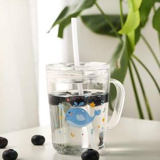 Dwellific Glass Tumbler with Handle and Clear Lid of Scale and Straw Design Glass Tumbler