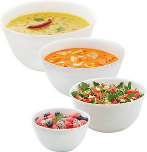 BOROSIL Opalware Serving Bowl Set of 4 (500ml, 750ml, 1Ltr, 1.5Ltr) Opal Glass Mixing Serving Bowl Microwave Dishwasher Safe