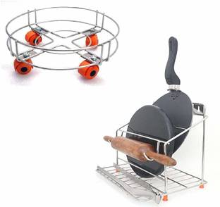 PEXMON Chakla/Belan Kitchen Rack Steel Chakla Belan Tawa Chimta Stand 4 in1 Holder Stainless Steel Chakla/Belan Kitchen Rack Chakla/Belan Kitchen Rack With Cylinder Trolley