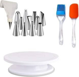 Gabani fashion 12 Piece Cake Decorating Set Frosting Icing Piping Bag Tips with Steel Nozzles Reusable & Washable ,Silicone Spatula and Pastry Brush Set Special for Cake Mixer, Cooking, Baking, Glazing - Set of 1 , Plastic Cake Tools Decorating 360 Round Easy Rotate Turntable Revolving Cake Decorating Turntable Stand, 28cm, White Kitchen Tool Set