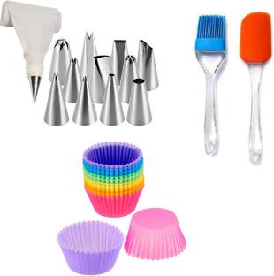 RAJJA 12 Piece Cake Decorating Set Frosting Icing Piping Bag Tips with Steel Nozzles Reusable & Washable, Silicone Spatula and Pastry Brush Set Special for Cake Mixer, Cooking, Baking, Glazing - Set of 1 ,4 Pcs Silicone Muffin Moulds / Cup Cake Mould | Reusable & Nonstick, Multicolor Kitchen Tool Set