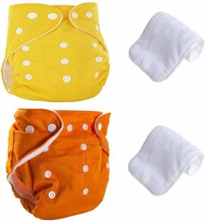Playalong All In One Reusable Adjustable Washable Cloth Diaper Nappy For Baby New Born To 2 Year With 2 Insert 4 Layer-Yellow and Orange