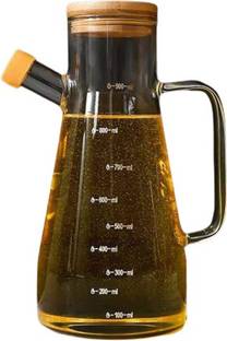 Femora 900 ml Borosilicate and Bamboo Lid Oil Dispenser & Stoppers Bottle with Handle, 900 ML Cooking Oil Dispenser