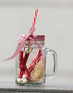 TDA England Mason Jar with Handle and Straw I 490 ML I Transparent Glass Mason Jar
