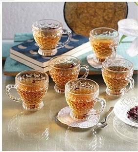 VINTERNA Pack of 6 Glass Pineapple Glass Coffee Tea Cups Set of 6 with Handle , 140 ML , Transparent