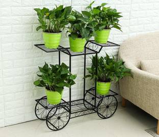 Giftoshopee Metal Cart Plant Holder Display Rack Shelf Stand, Black, Height - 75 cm, Breadth - 24 cm, Length - 70 cm Plant Container Set