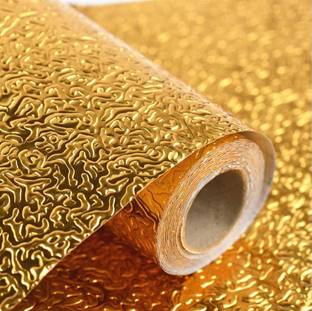 SeaRegal 157.48 cm Kitchen Oil Proof Aluminium Foil Stickers, Self-Adhesive Wall Sticker Waterproof Anti-Mold and Heat Resistant, Kitchen Backsplash Wallpaper. (Golden Flower) Self Adhesive Sticker